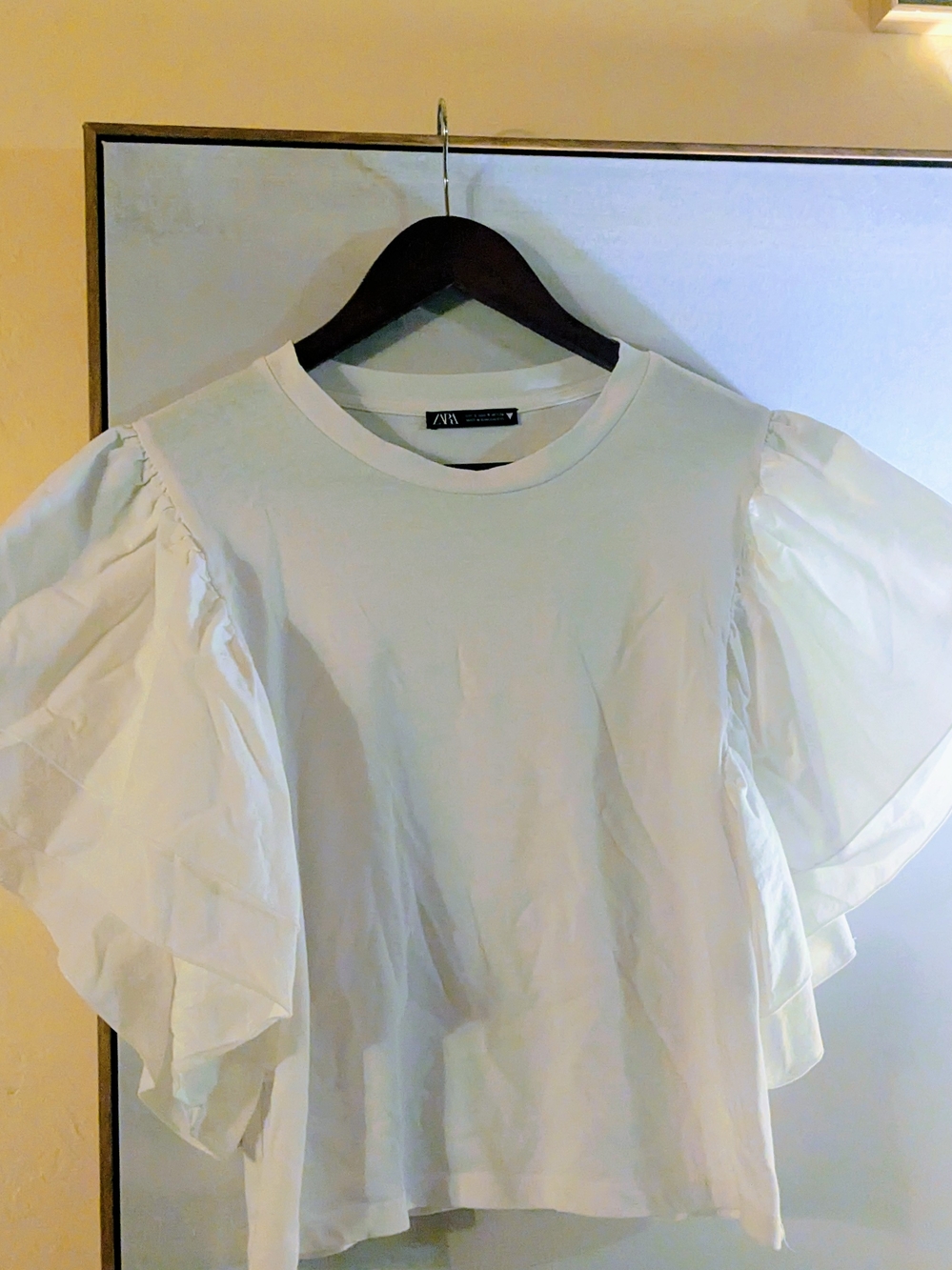 Zara White Tee With Dramatic Flutter Sleeves
